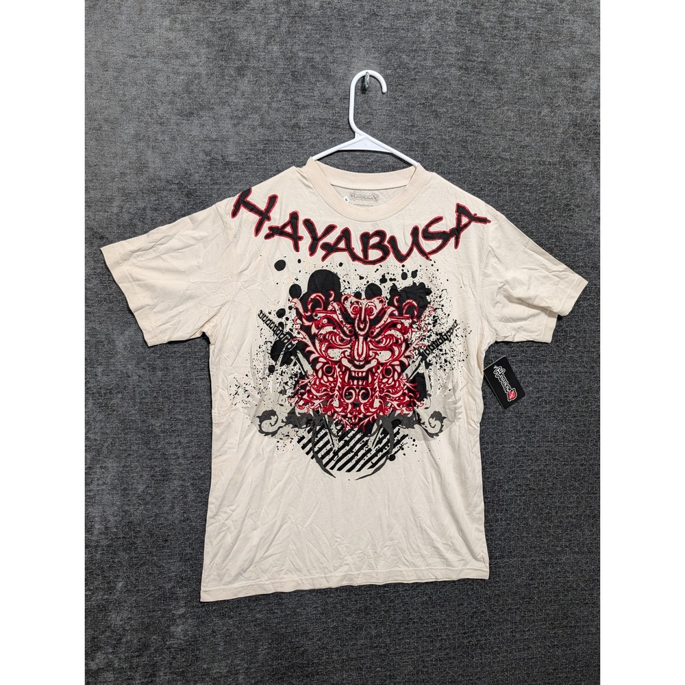 Hayabusa MMA Samurai Mask Graphic T-Shirt Cream Red Black Kanji Size L New